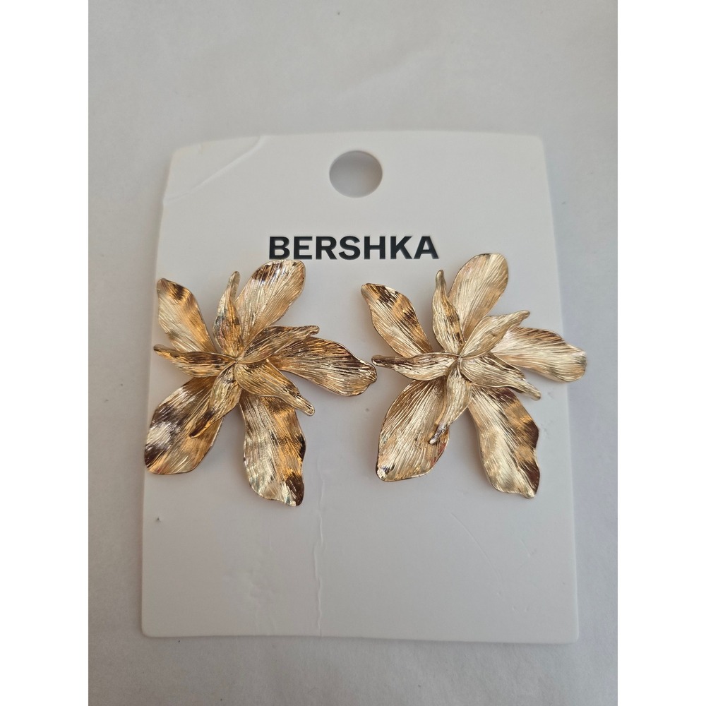 Oversized Bershka Gold Tone Flower Stud Earrings Floral Statement Jewelry